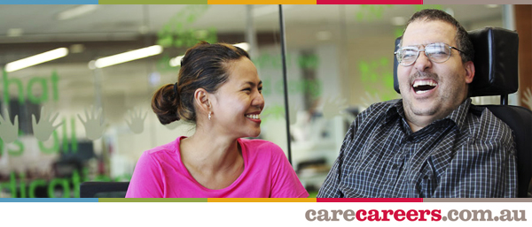 Image of a smiling support worker and her smiling client